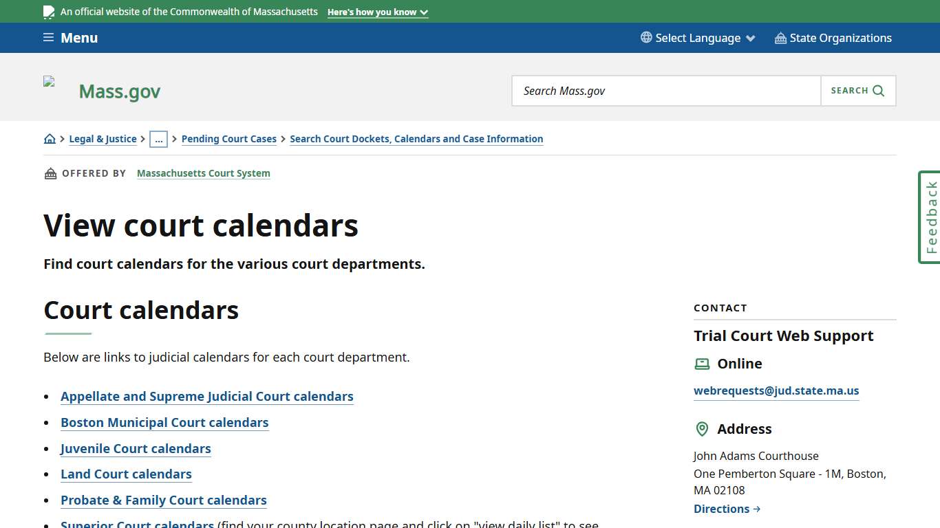 View court calendars Mass.gov