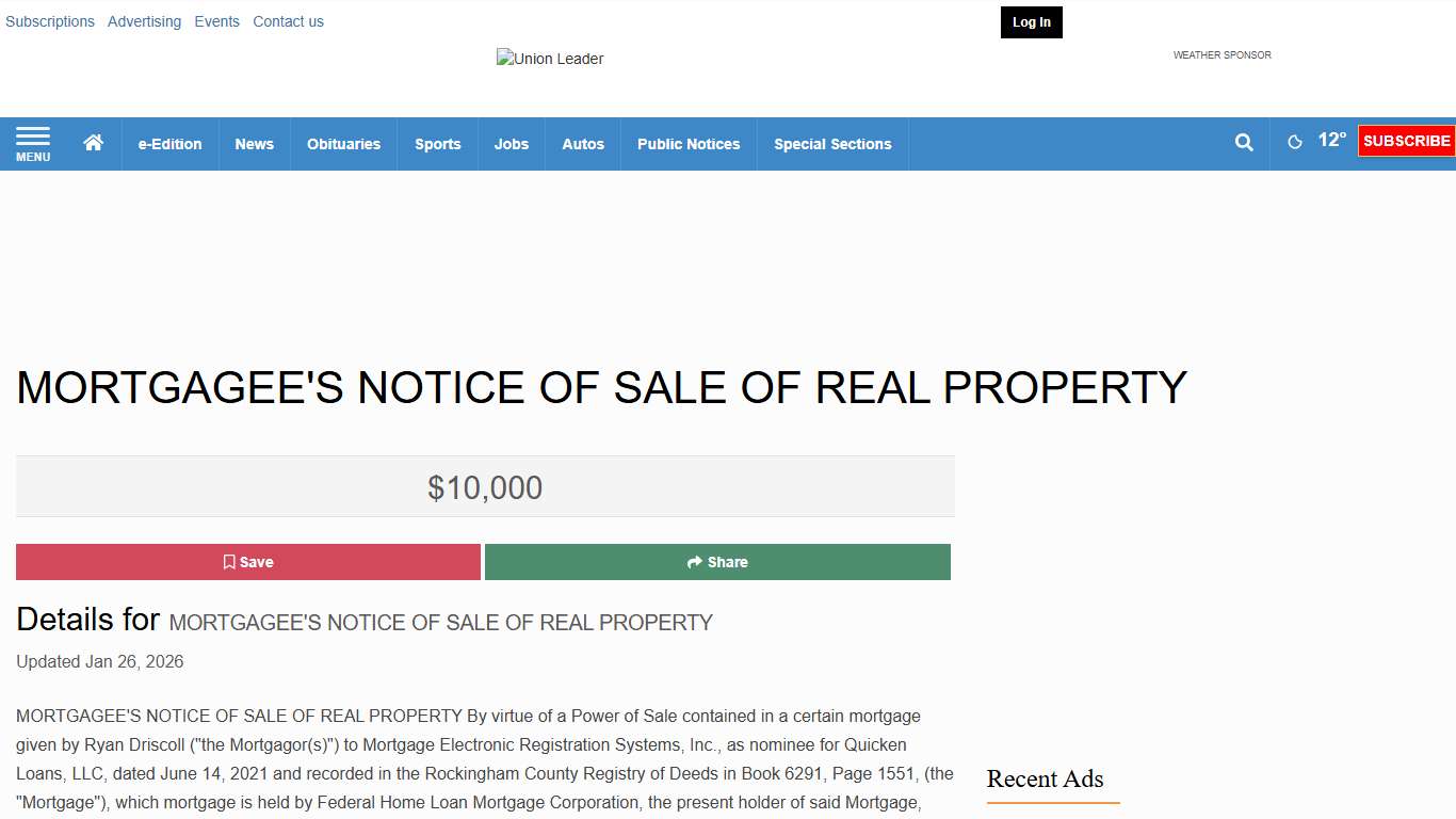 MORTGAGEE'S NOTICE OF SALE OF REAL PROPERTY All Legals unionleader.com
